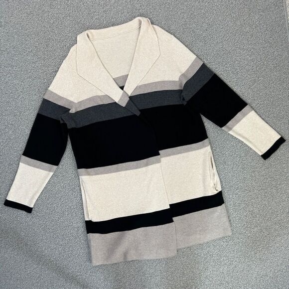 Chico’s Zenergy Cardigan Sweater Striped Colorblock Cotton Cashmere Tan Black XL - Picture 11 of 11